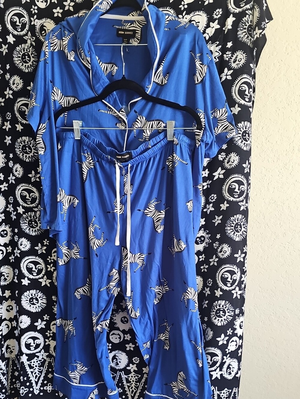 Women's Room Service Blue Zebra-Print Pajama Set with Notch Collar & Pockets!